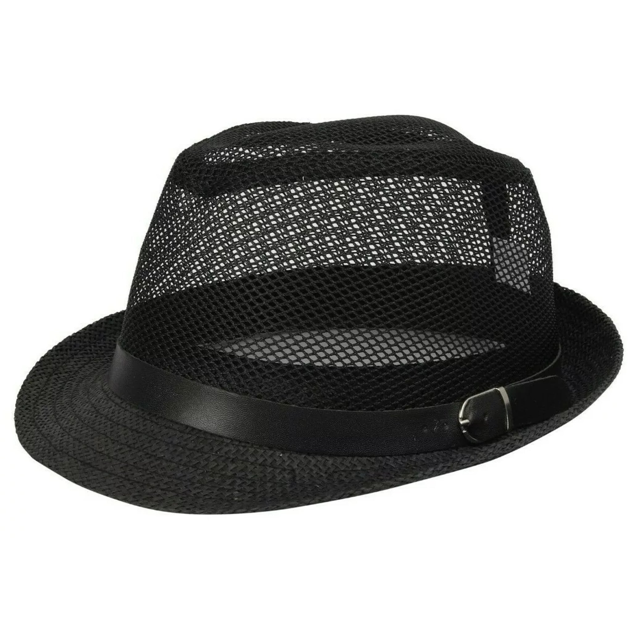 Unisex black straw trilby hat with breathable mesh upper and black band – men's and ladies lightweight summer sun hat for holidays and festivals